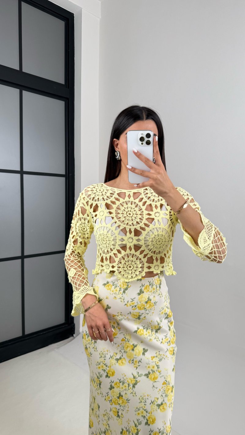 Sarı Örme Ajurlu Triko Bluz Gaus00414