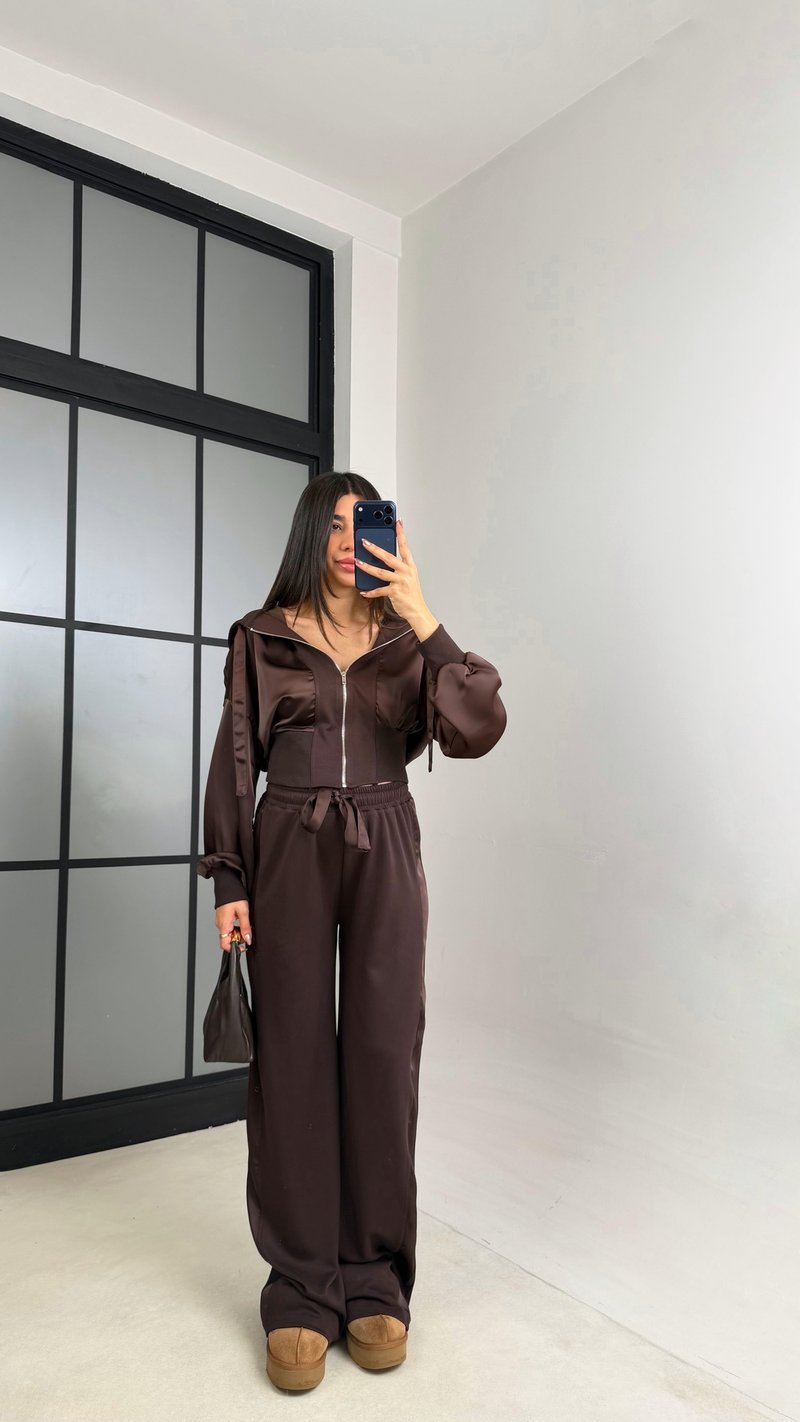 Acı Kahve Saten Detaylı Hırka Beli Lastikli Pantolon Tasarım Takım GAUS-01096
