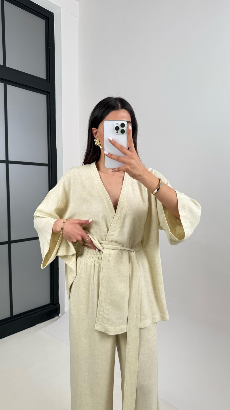 Soft Sarı Kuşaklı Kimono Beli Lastikli Cepli Pantolon Keten Takım Gaus00397