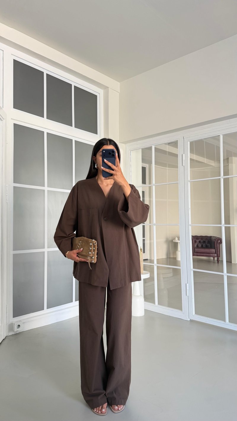 Kahve Kimono Beli Lastikli Pantolon İkili Keten Takım GAUS-01491