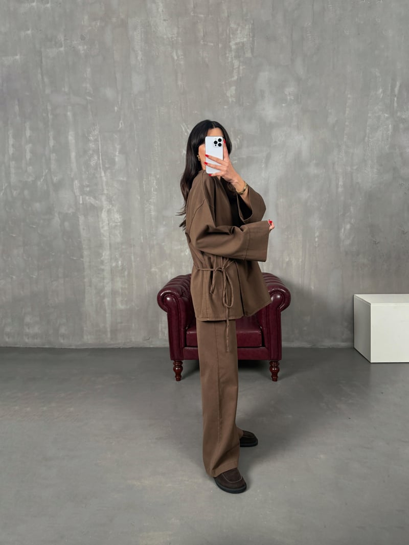 Rozali Kahve Gabardin Kimono İkili Takım