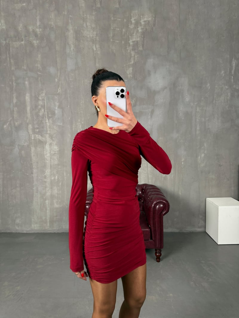 Senna Bordo Drapeli Elbise