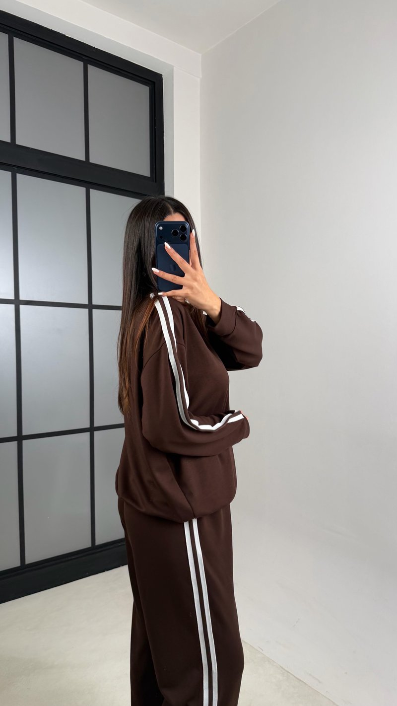 Acı Kahve Şerit Detaylı Sweatshirt Beli Lastikli Eşofman İkili Modal Takım GAUS-00621