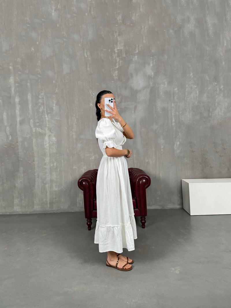 Beyaz V Yaka Beli Lastikli Büzgülü Müslin Pinterest Elbise Gaus00022