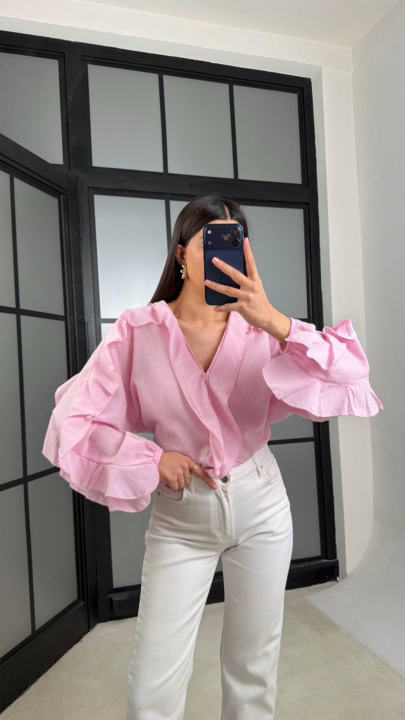 Pembe Fırfır Detaylı Vual Kumaş Gömlek GAUS-01288