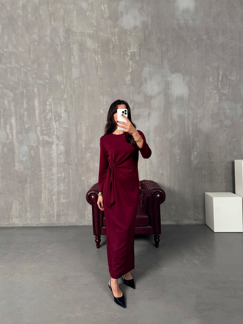 Tinky Bordo Bağlamalı Yırtmaçlı Elbise