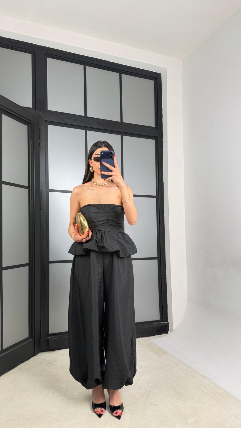 Siyah Balon Bluz Beli Lastikli Şalvar Pantolon İkili Premium Takım GAUS-01569