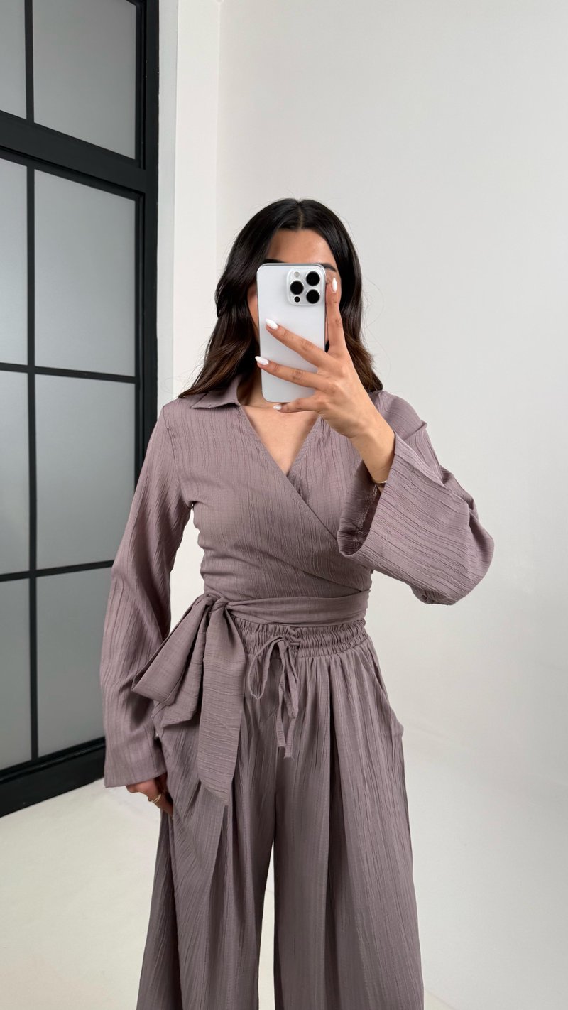 Mürdüm Bağlamalı Üst Beli Lastikli Pantolon Gofre Takım Gaus00389 