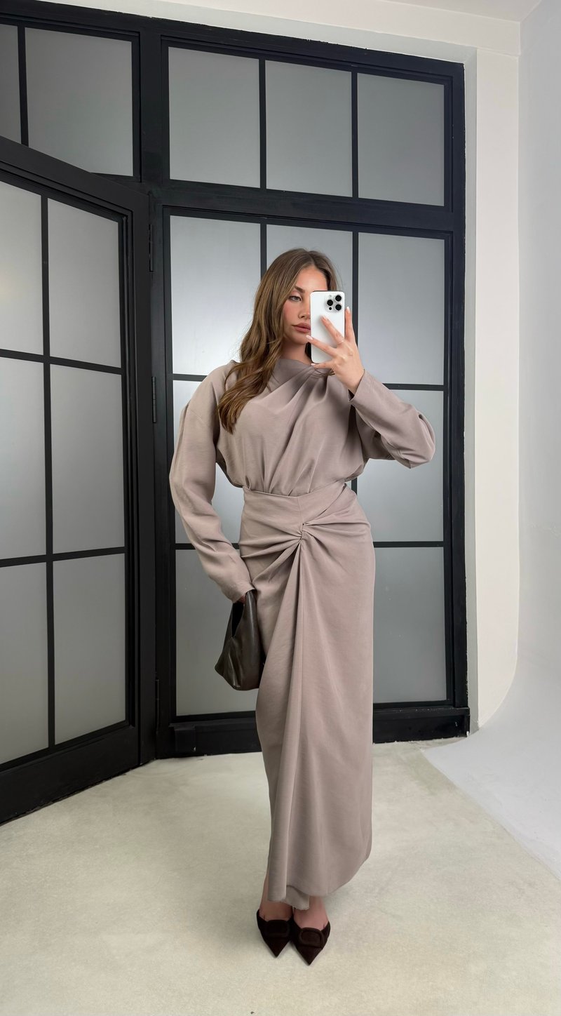 Vizon Drape Detaylı Etek Bluz Tencel Takım GAUS-01176