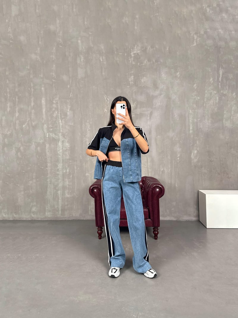 Alvin Siyah Şeritli Kısa Kollu Fermuarlı Denim Karışımlı Üst Alt Takım