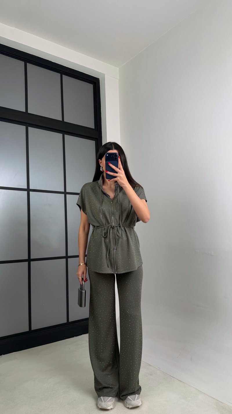 Haki Beli Lastikli Hırka Pantolon Taşlı Modal Takım GAUS-01064