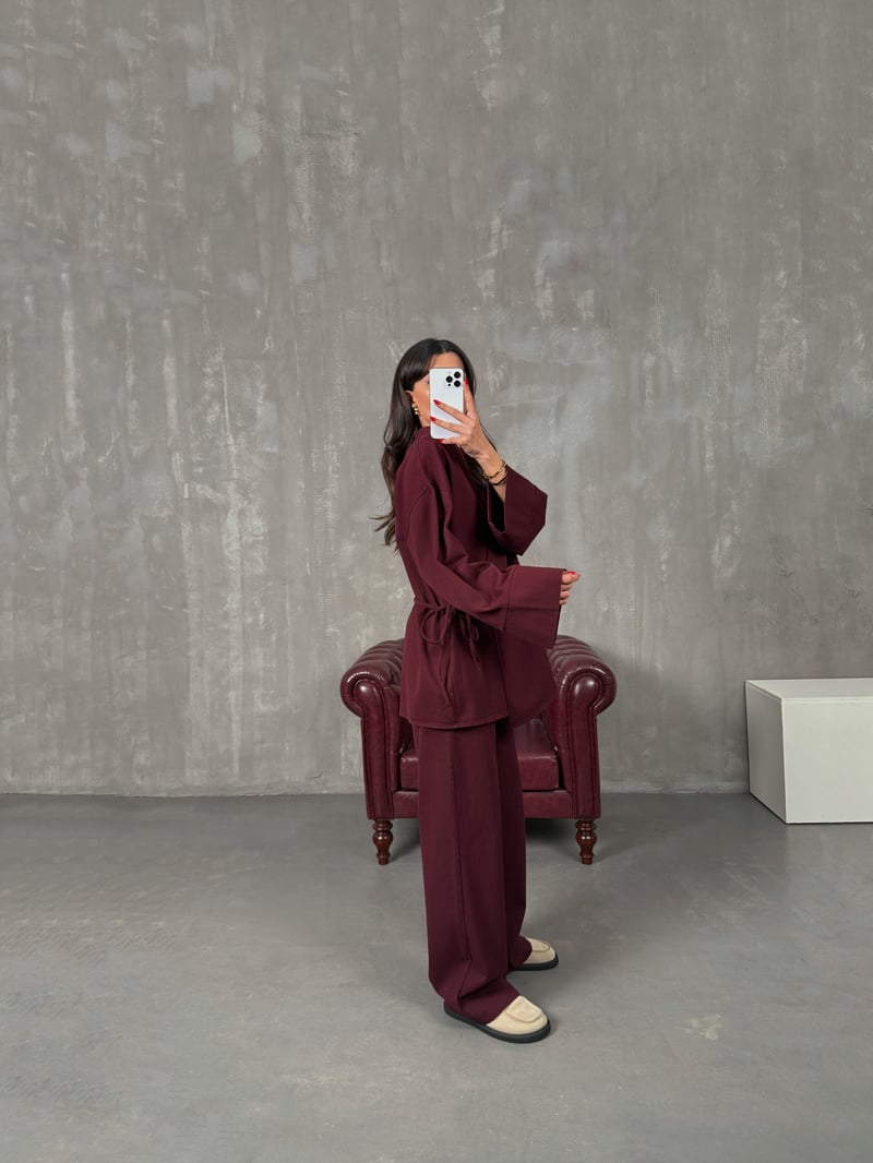 Rozali Bordo Gabardin Kimono İkili Takım