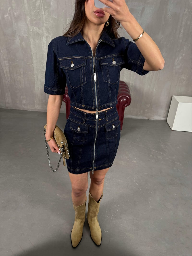 Lacivert Cepli Önü Fermuarlı Denim Etekli Takım Gaus00259