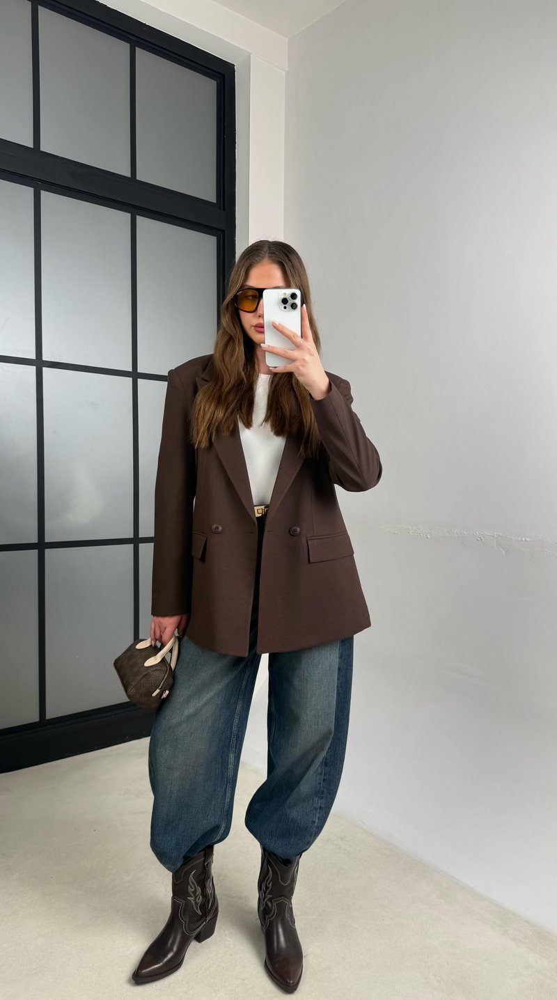 Kahve Astarlı Vatkalı Cep Detaylı Blazer Ceket GAUS-01158