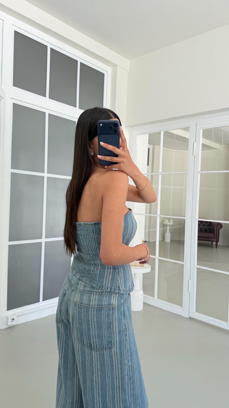 Mavi Bustiyer Palazzo Pantolon Çizgili Denim Takım GAUS-01686