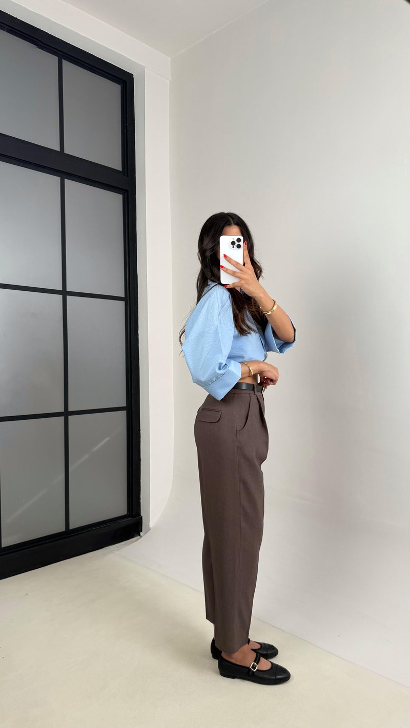 Kahve  Kemerli Cepli Premium Keten Pantolon Gaus00513