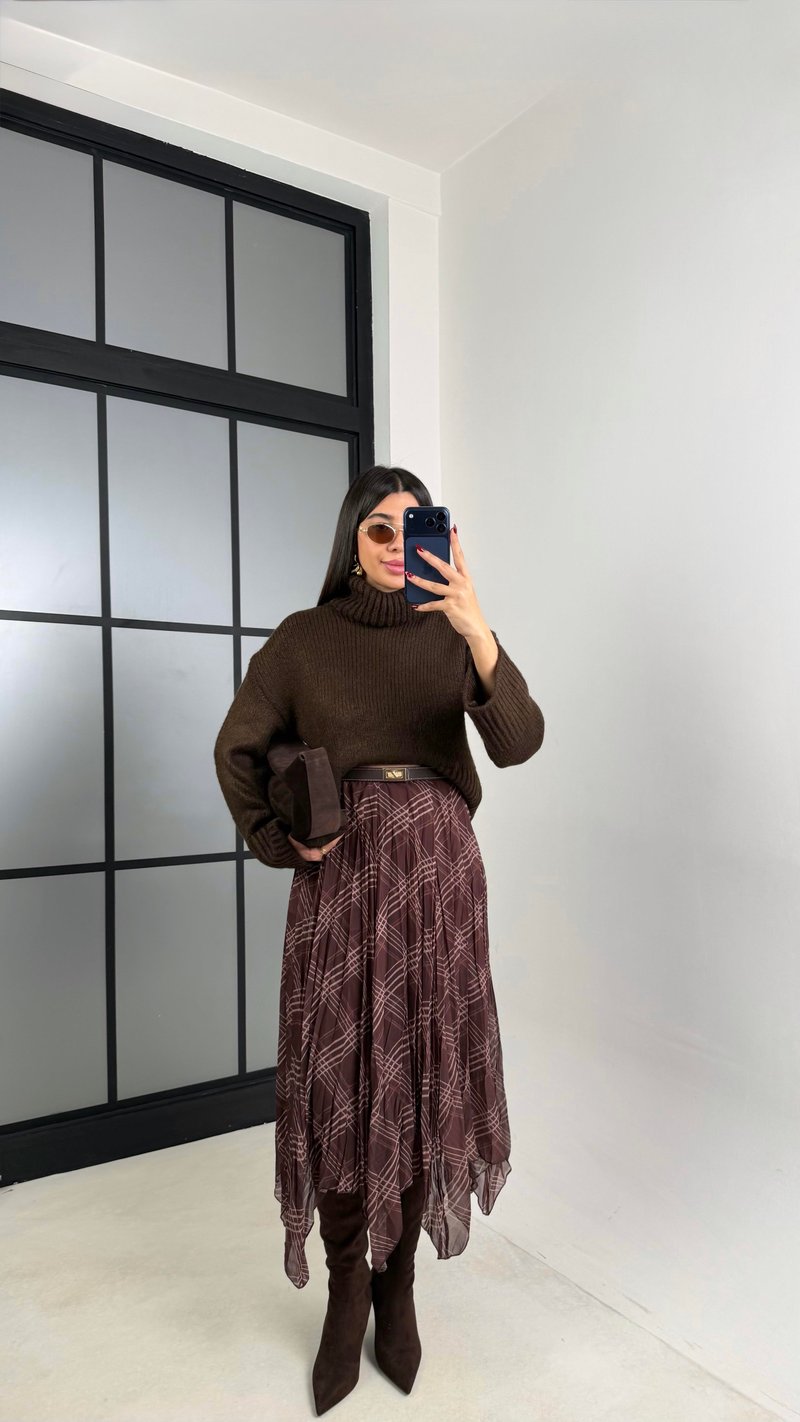 Kahve Ekose Desenli Astarlı Şifon Etek GAUS-00725
