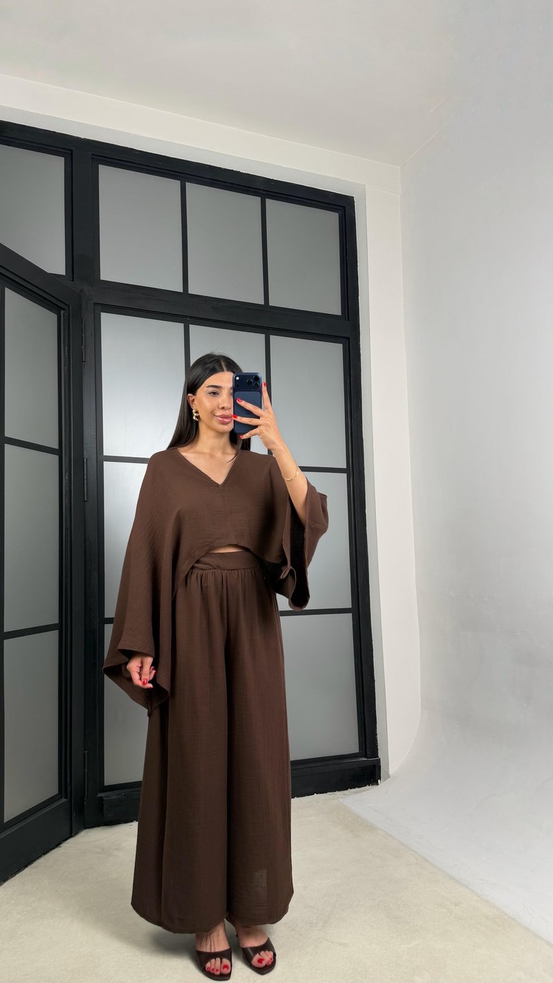 Acı Kahve Pelerin Bluz Etek İkili Müslin Kumaş Takım GAUS-01557