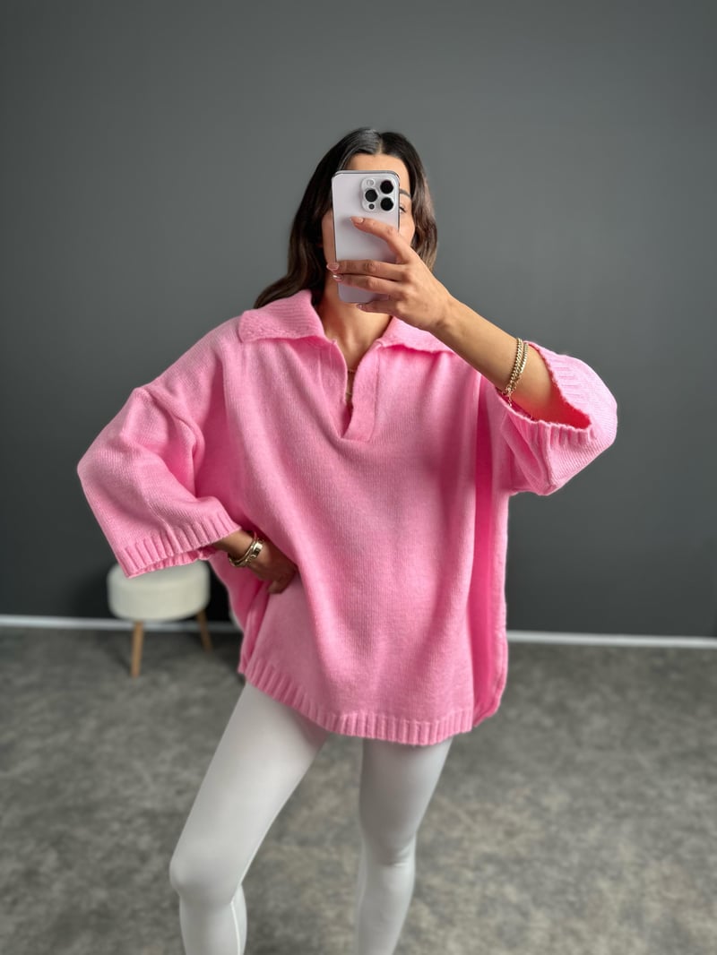 Doi Pembe Polo Yaka Triko Oversize Kazak