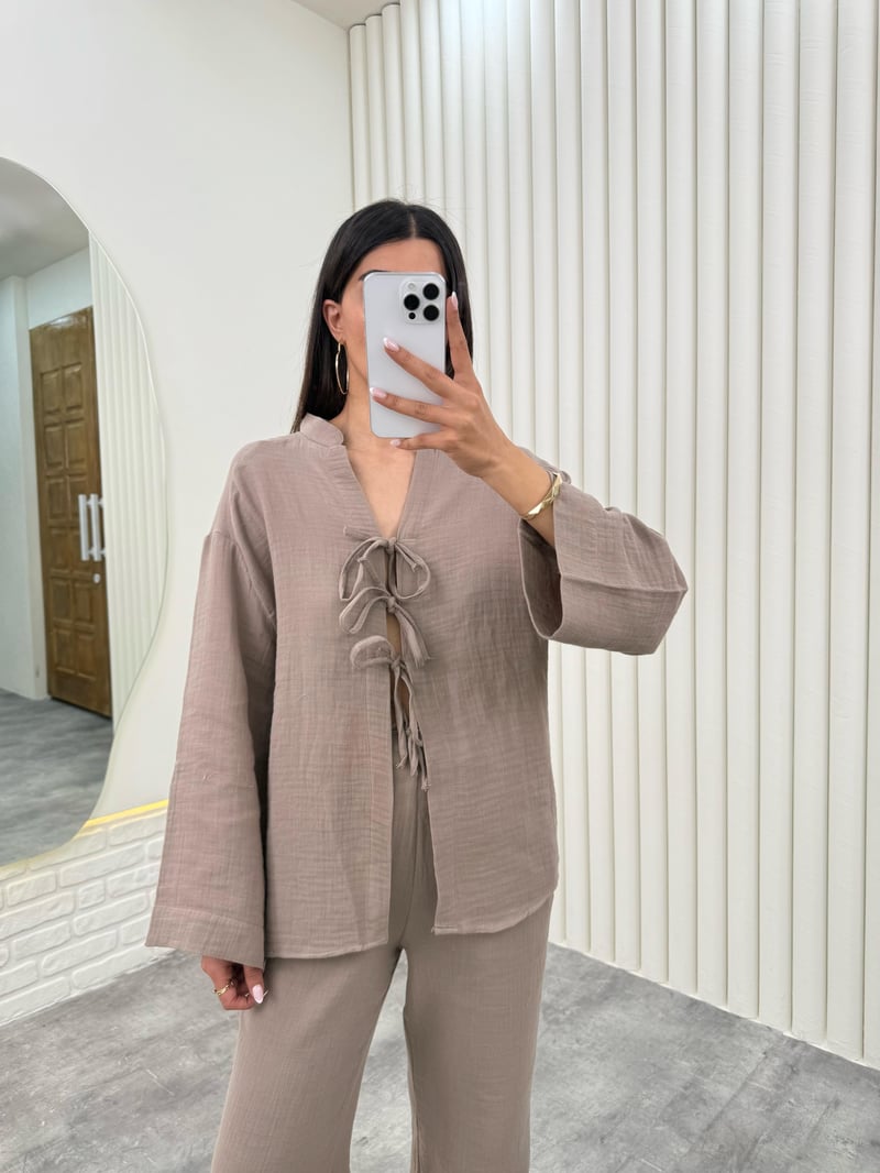 Vizon Önü Bağlamalı Beli Lastikli Müslin Kumaş Takım Gaus00282