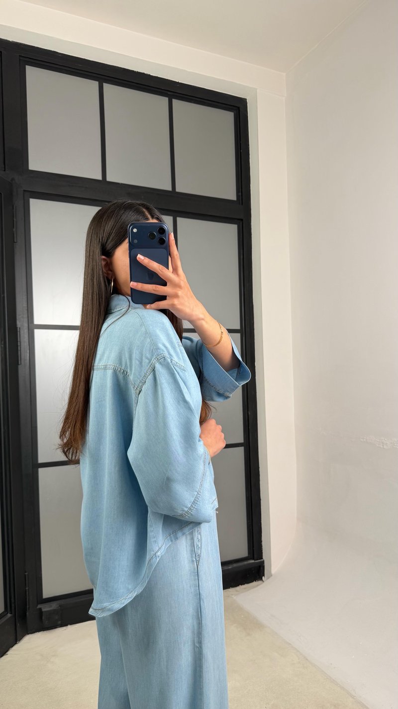 Mavi Yarasa Kol Gömlek Beli Lastikli Pantolon Tencel Takım GAUS-01444