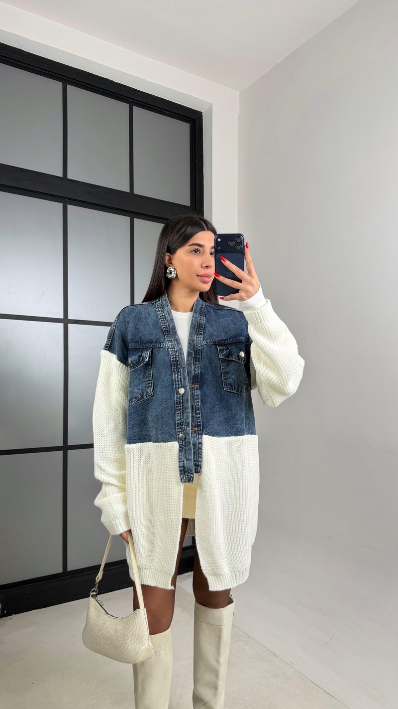 Ekru Denim Detaylı Triko Hırka GAUS-01002