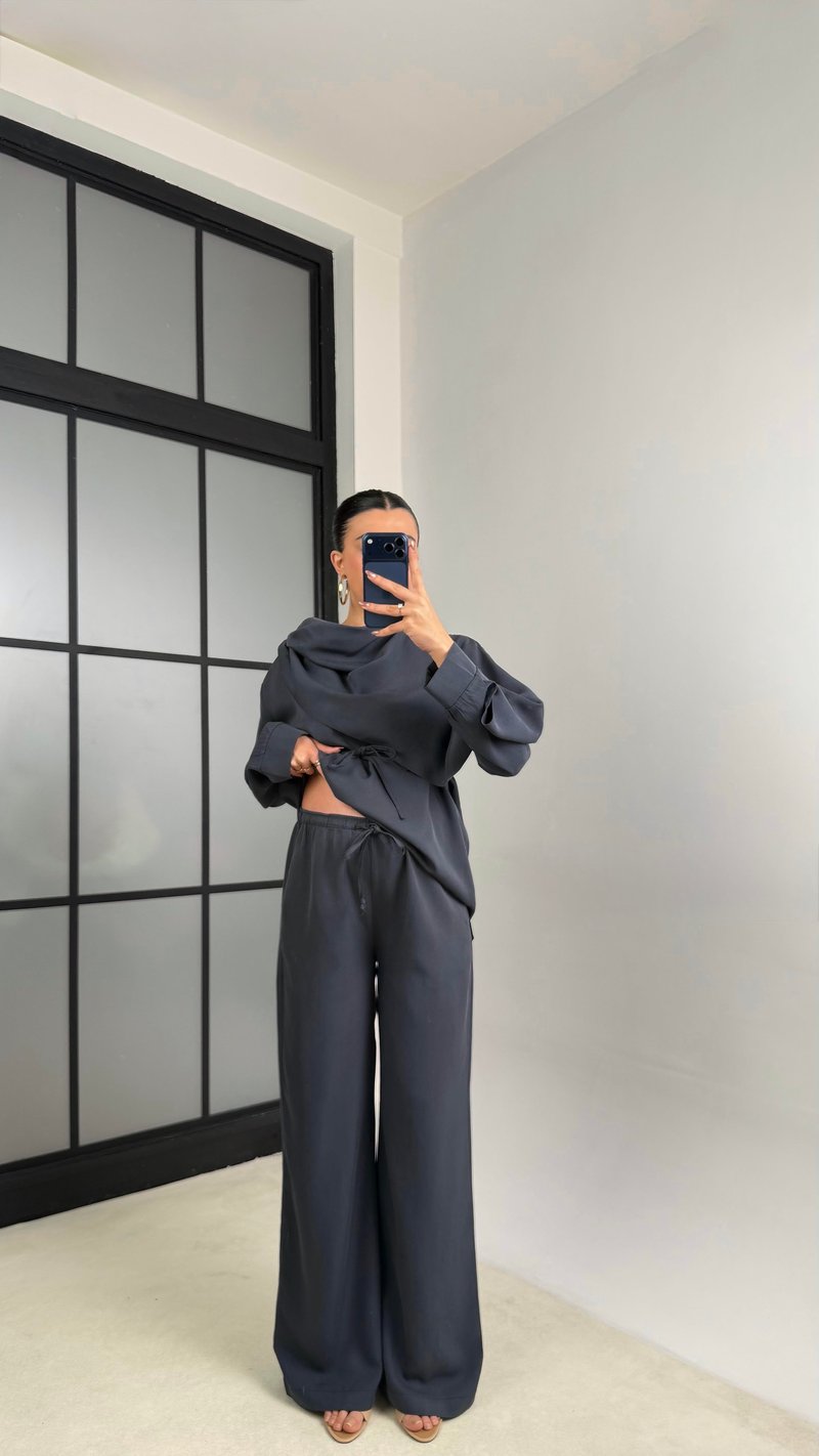 Antrasit Şal Detaylı Belden Kuşaklı Beli Lastikli İthal Kumaş İkili Takım GAUS-01154