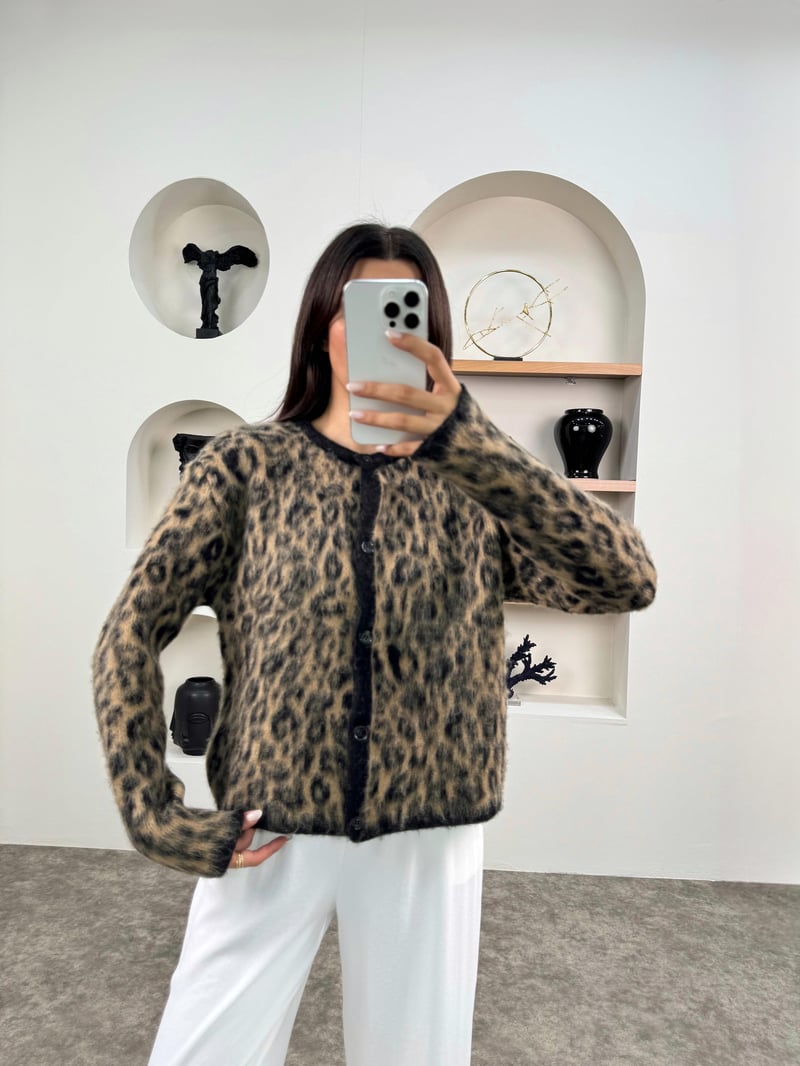 MD Leopar Desenli Örme Sakallı Premium Hırka