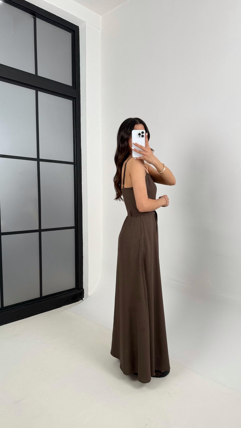 Kahve Ayarlanabilir Askılı Kuşaklı Basic Keten Elbise Gaus00387