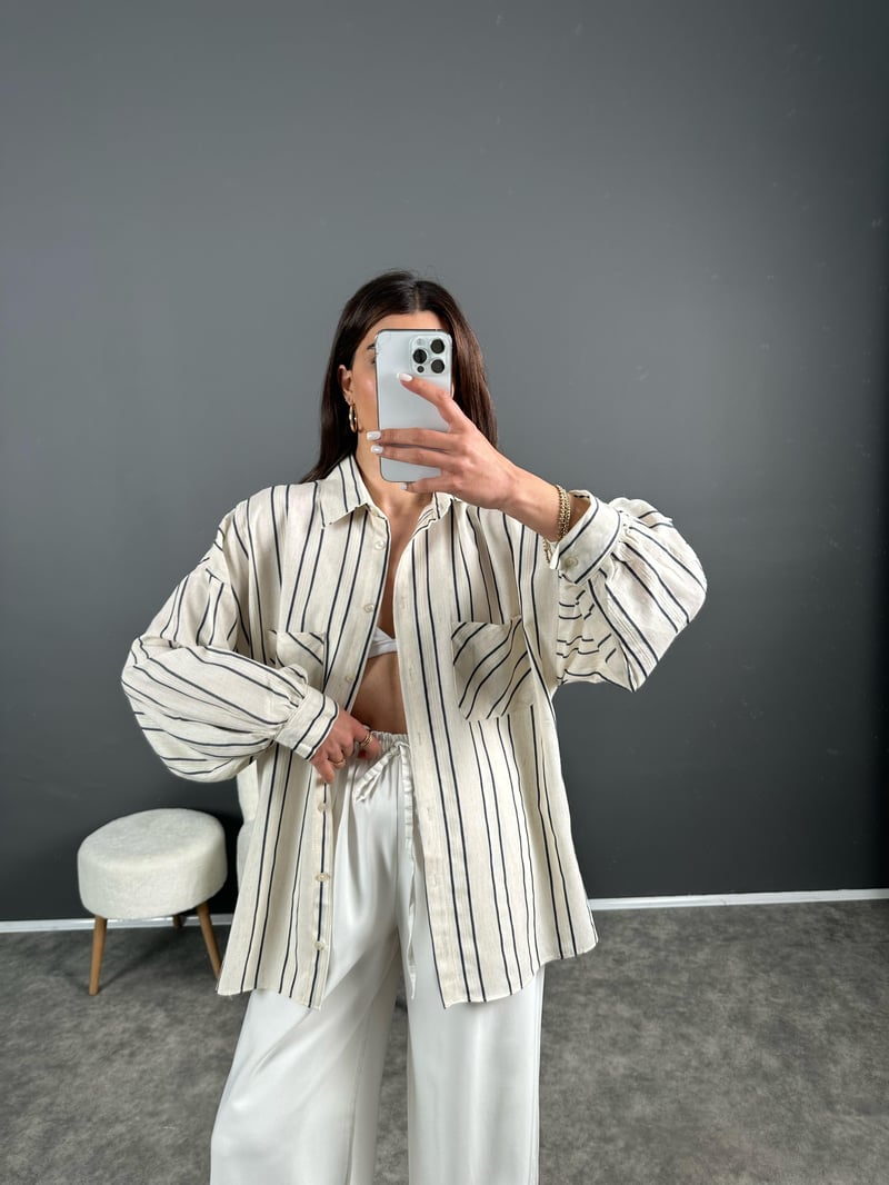 Lacivert Çizgili Keten Oversize Gömlek 