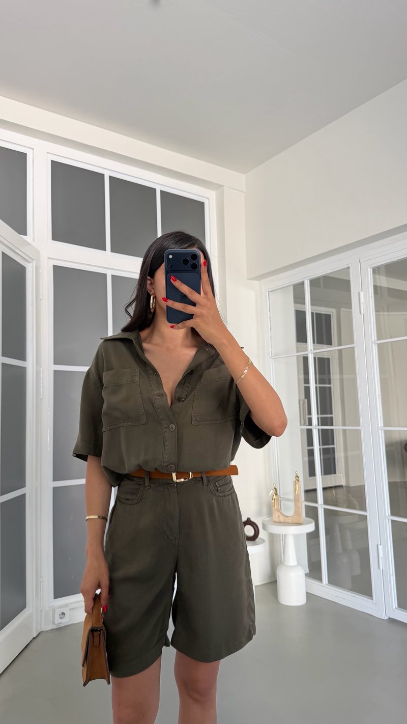 Yeşil Kemerli Tencel Denim Tulum GAUS-01863