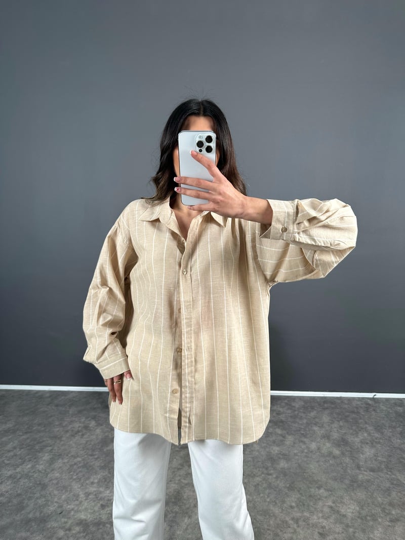 Bej Çizgili Oversize Keten Gömlek