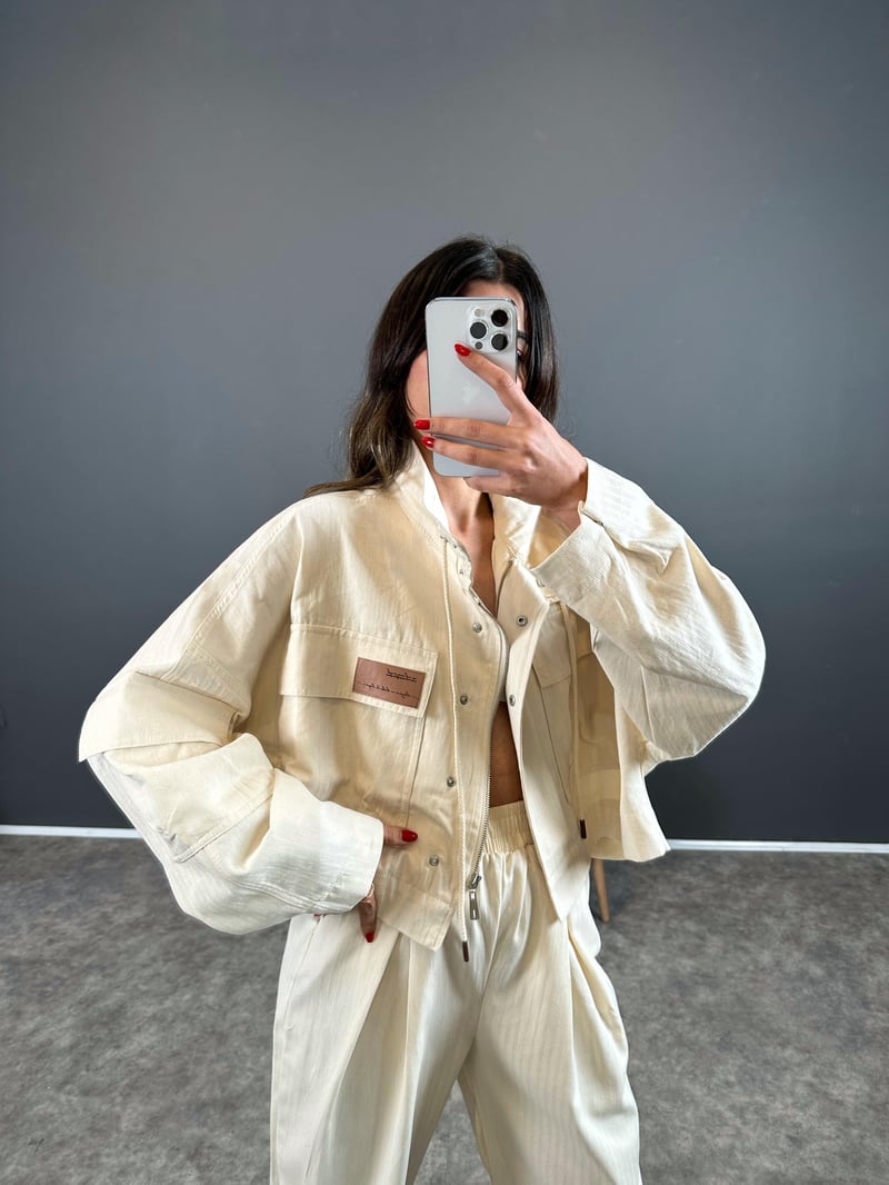 Gabardin Bej Baskılı Oversize Ceket 