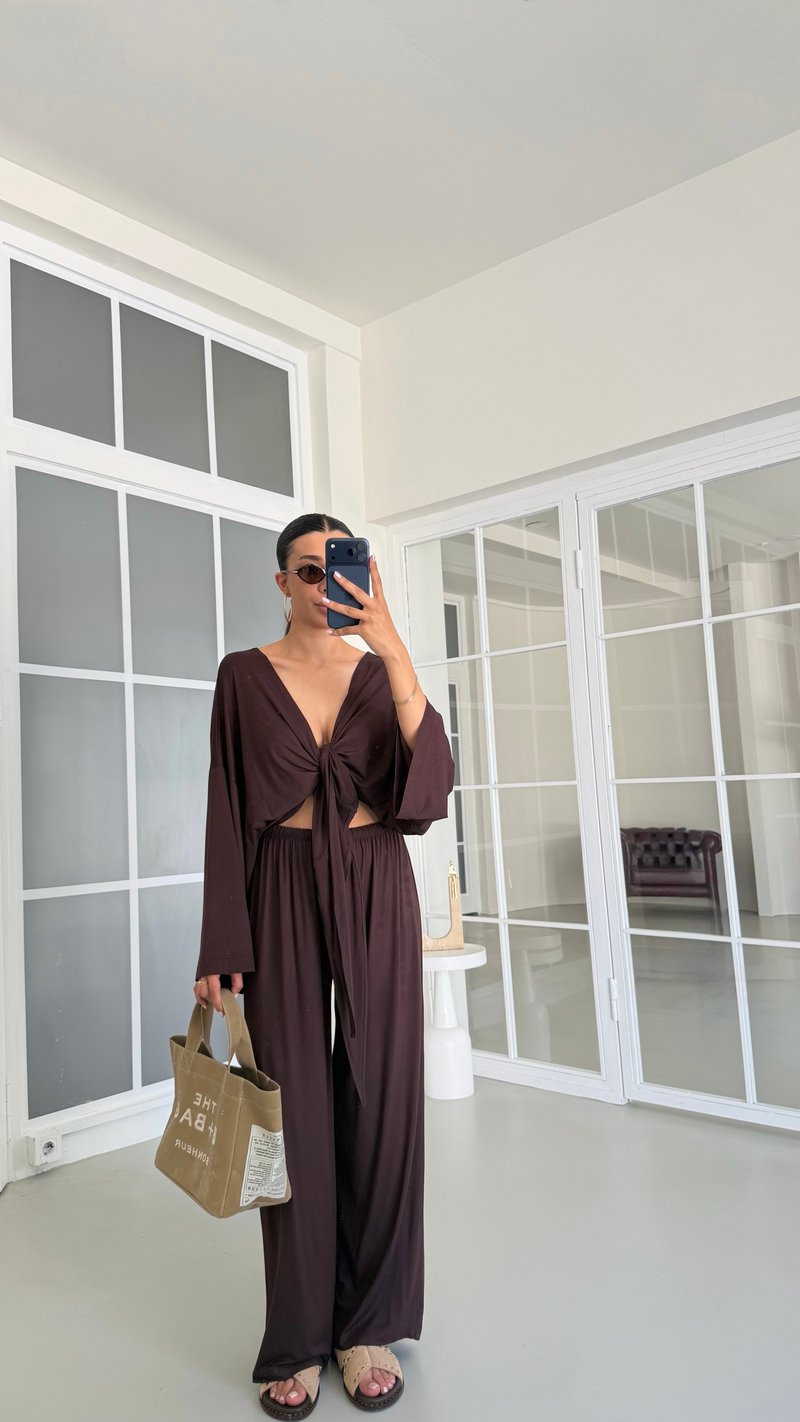 Kahve Bağlama Detaylı Bluz Beli Lastikli Pantolon Likralı Takım GAUS-01732