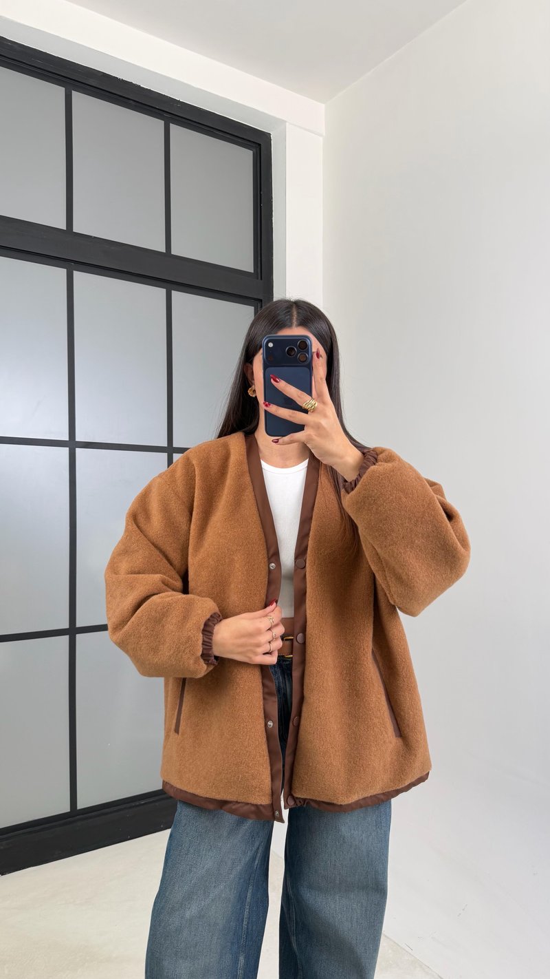 Kahve Çıtçıt Düğmeli Astarlı Peluş Ceket GAUS-00632