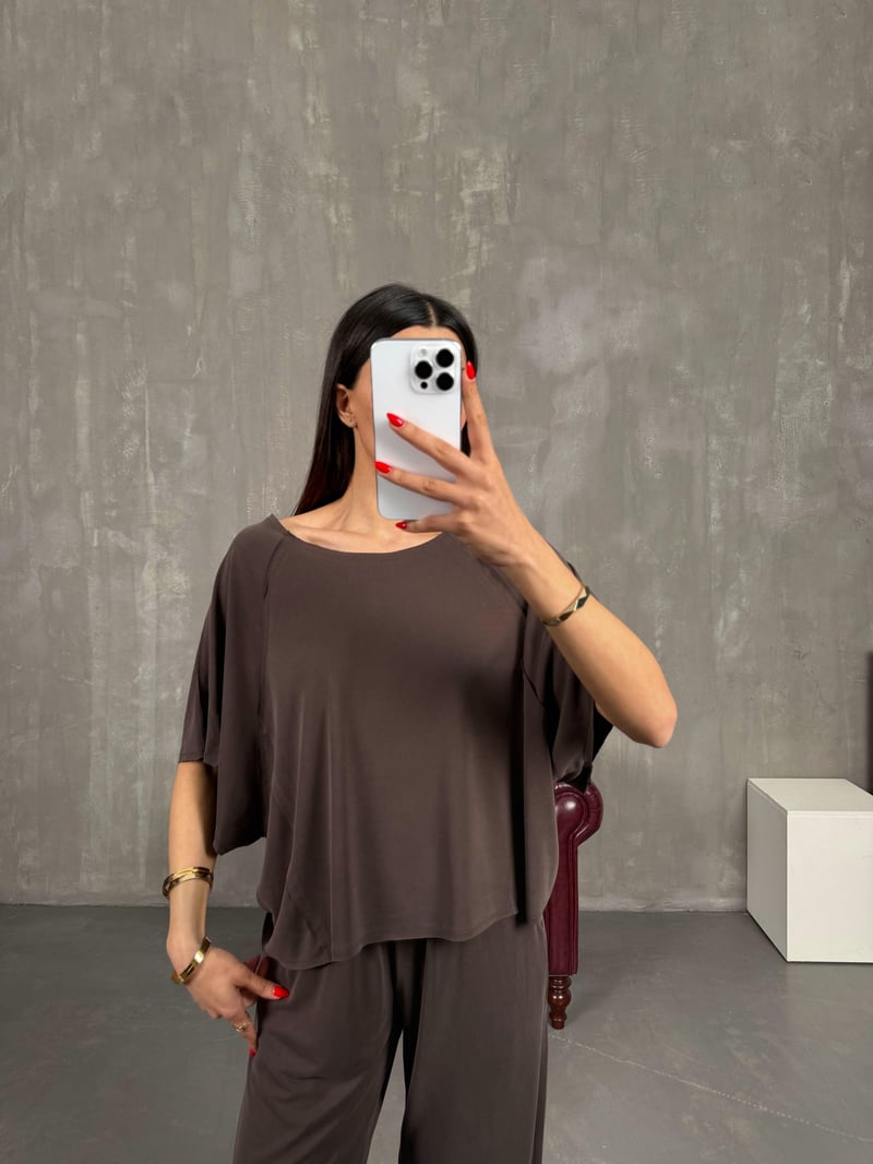 Kahve İnce Modal Kumaş Kısa Kol Muadil Basic Takım Gaus00197