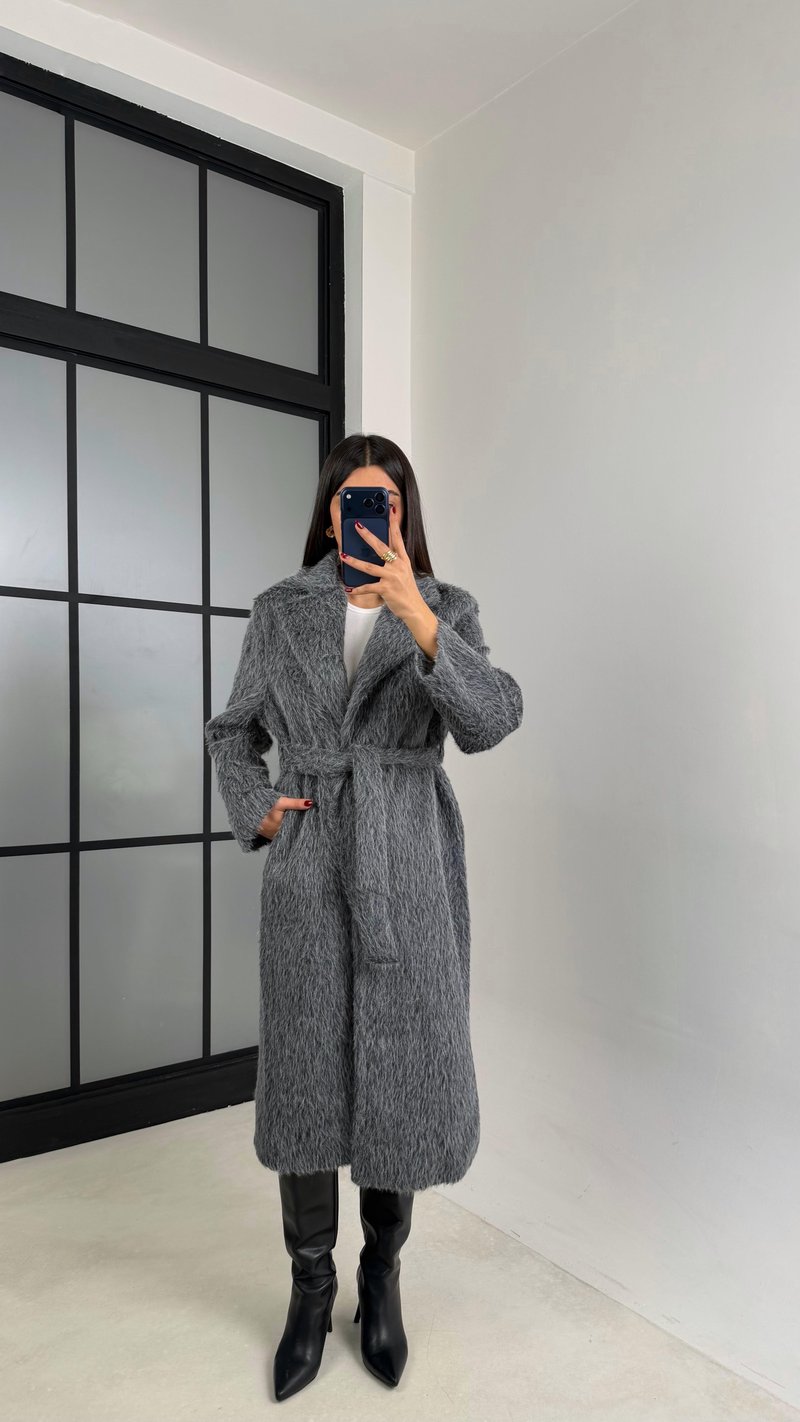 Antrasit Astarlı Kuşaklı Oversize Kürk Kaban GAUS-00543