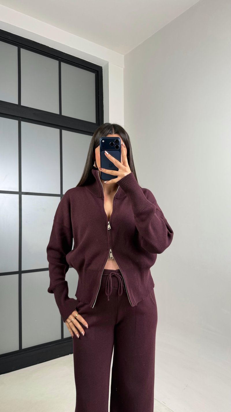 Mürdüm Çift Fermuarlı Hırka Beli Lastikli Pantolon Triko Takım GAUS-01090