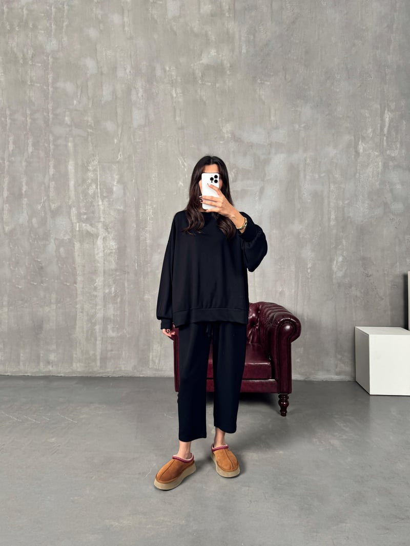 Serge Siyah Oys Kumaş Oversize İkili Takım 