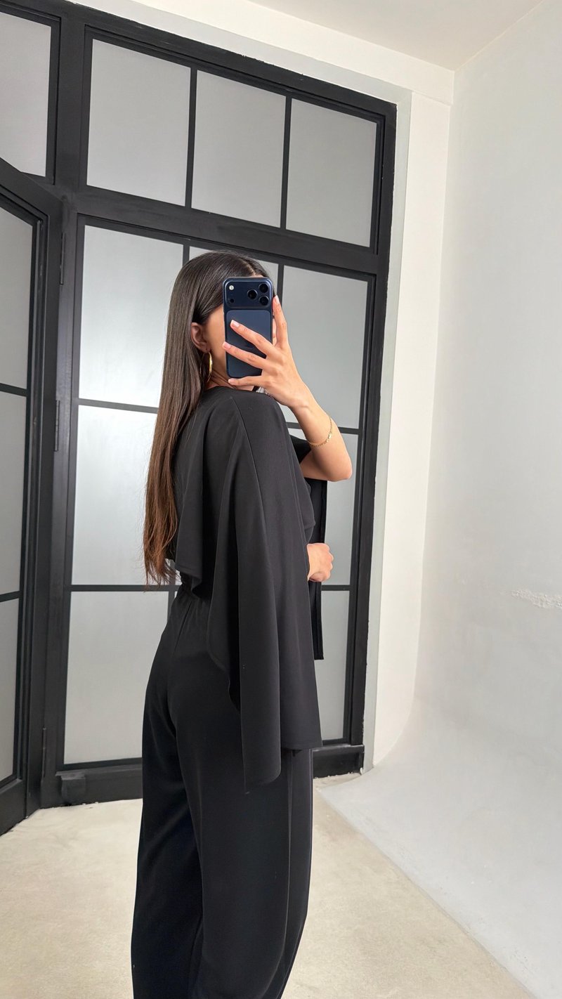 Siyah Pelerin Detaylı Bluz Beli Lastikli Pantolon İkili Tasarım Modal Takım GAUS-01499