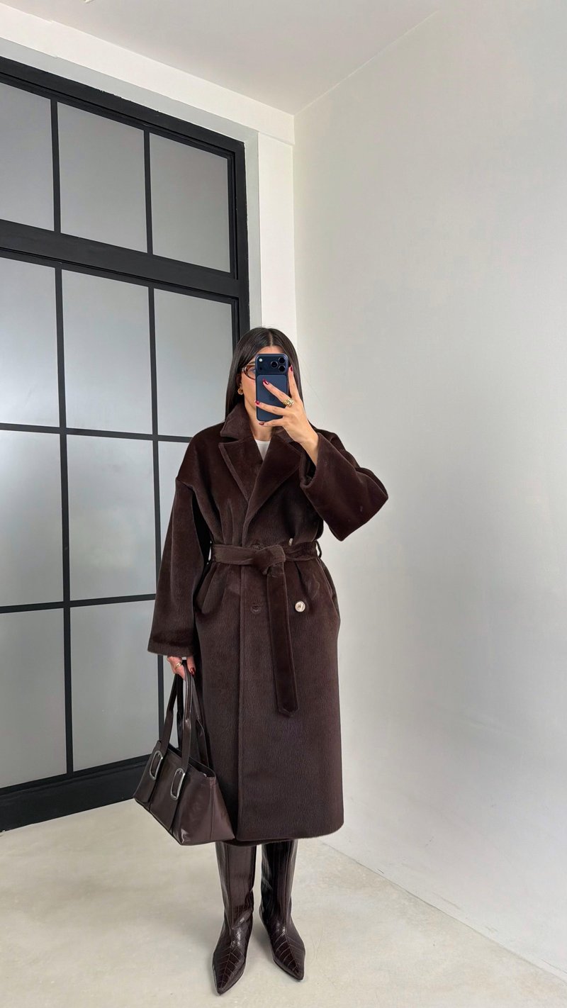 Kahve Astarlı Kuşaklı Premium Peluş Kaban GAUS-00565