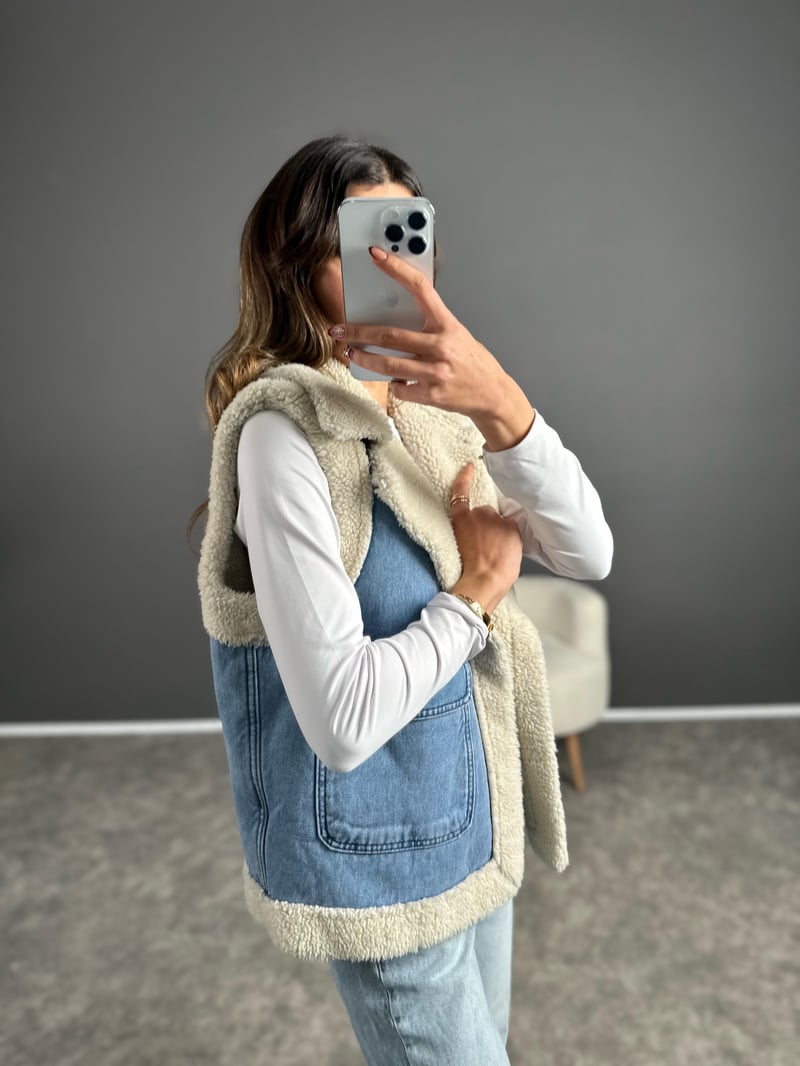 ZR Model İçi Kürklü Denim Yelek 