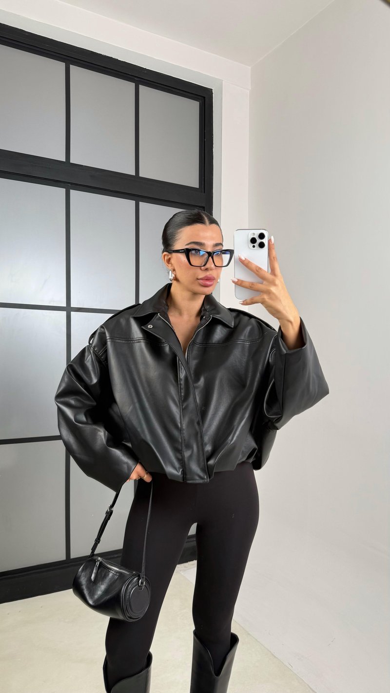 Siyah Gizli Fermuarlı Deri Bomber Ceket GAUS-00492