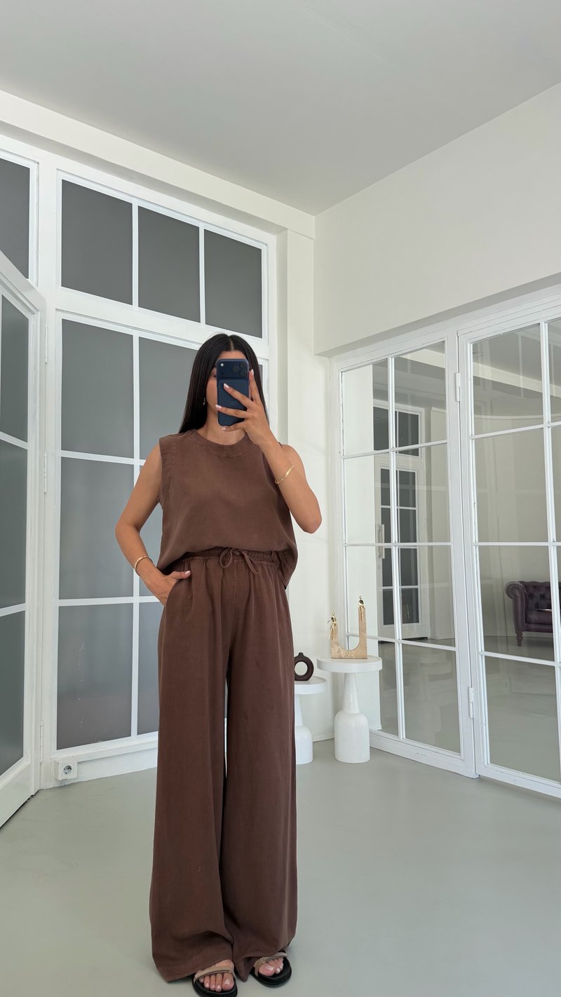 Kahve Bluz Beli Lastikli Pantolon Yıkamalı Tencel Takım GAUS-01795