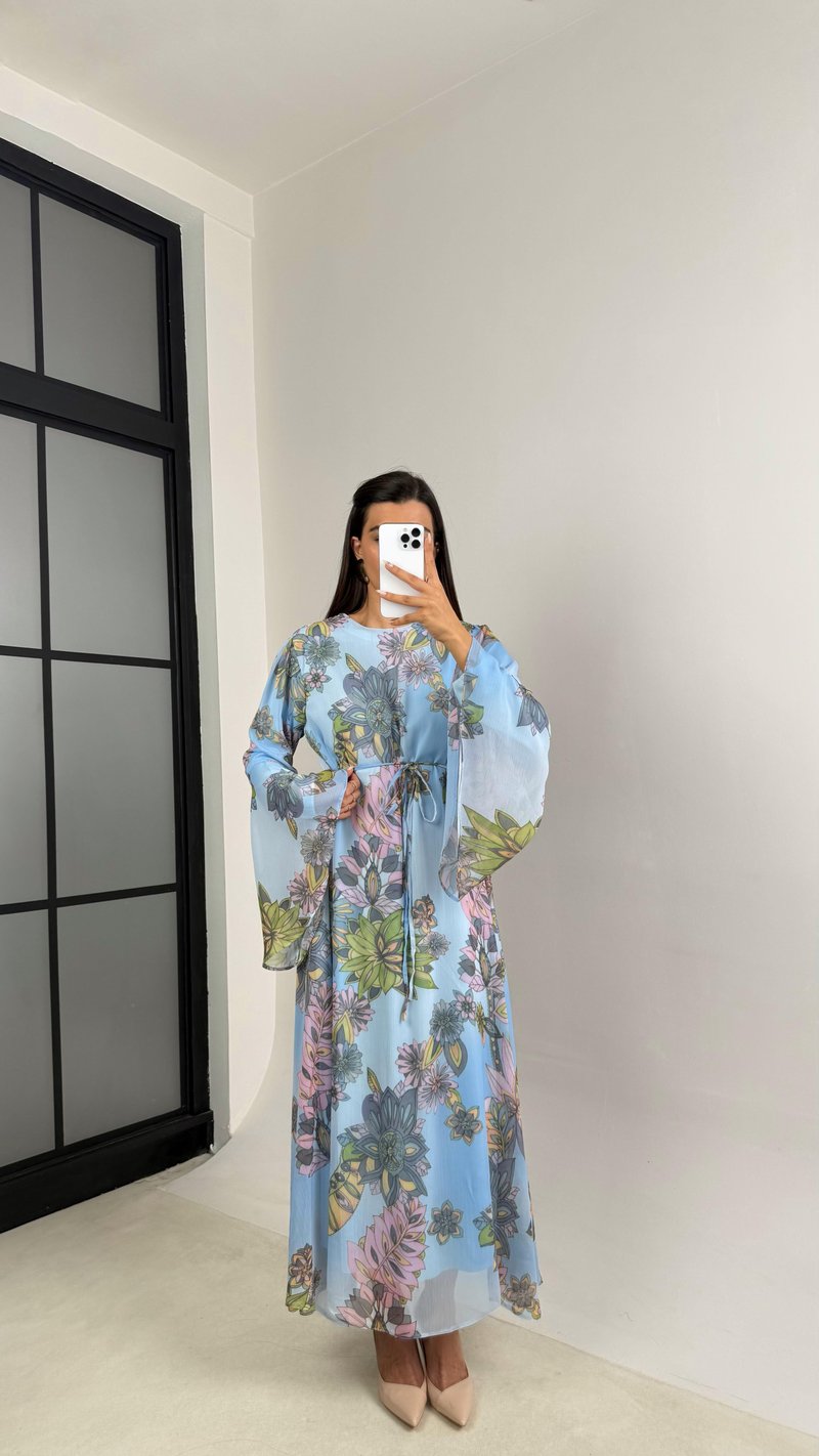 Mavi Çiçek Desenli Kuşaklı Kolu Volanlı Astarlı Şifon Elbise GAUS-00105