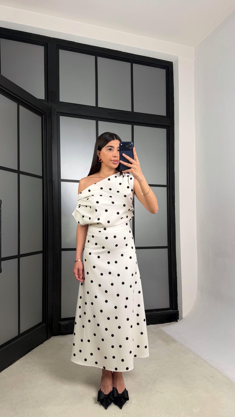 Ekru Kayık Yaka Puantiyeli Elbise PNY07 GAUS-01327