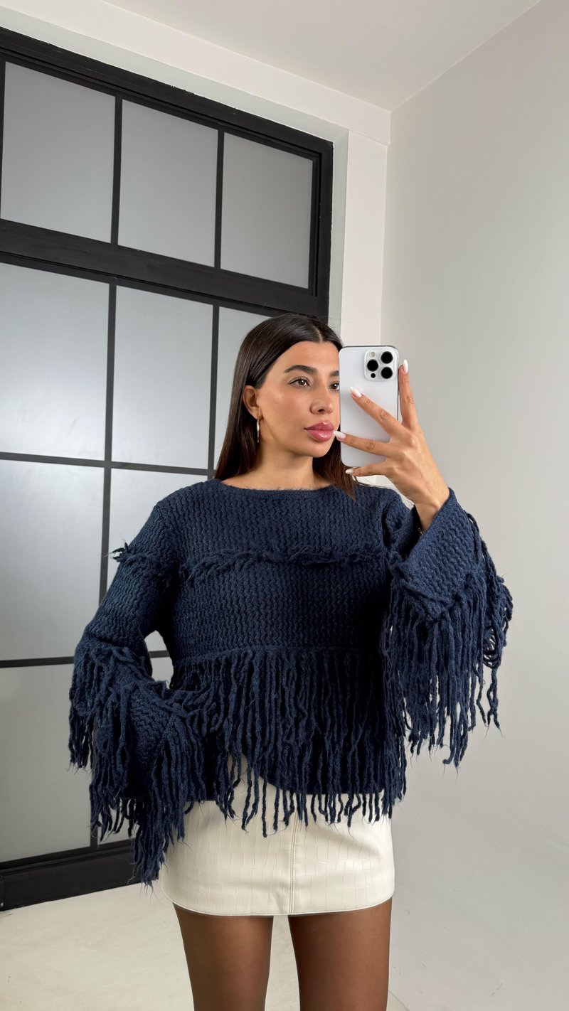 Lacivert Saçaklı Örme Triko Kazak GAUS-00134