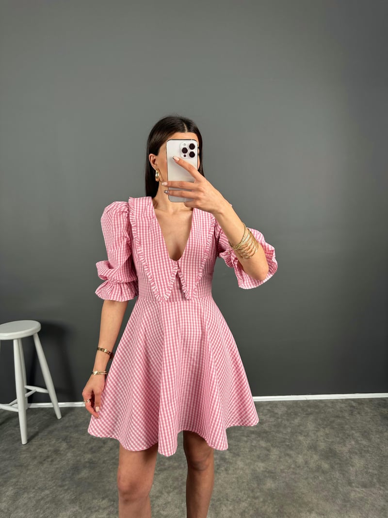 Vintage Pembe Pötikare Elbise 