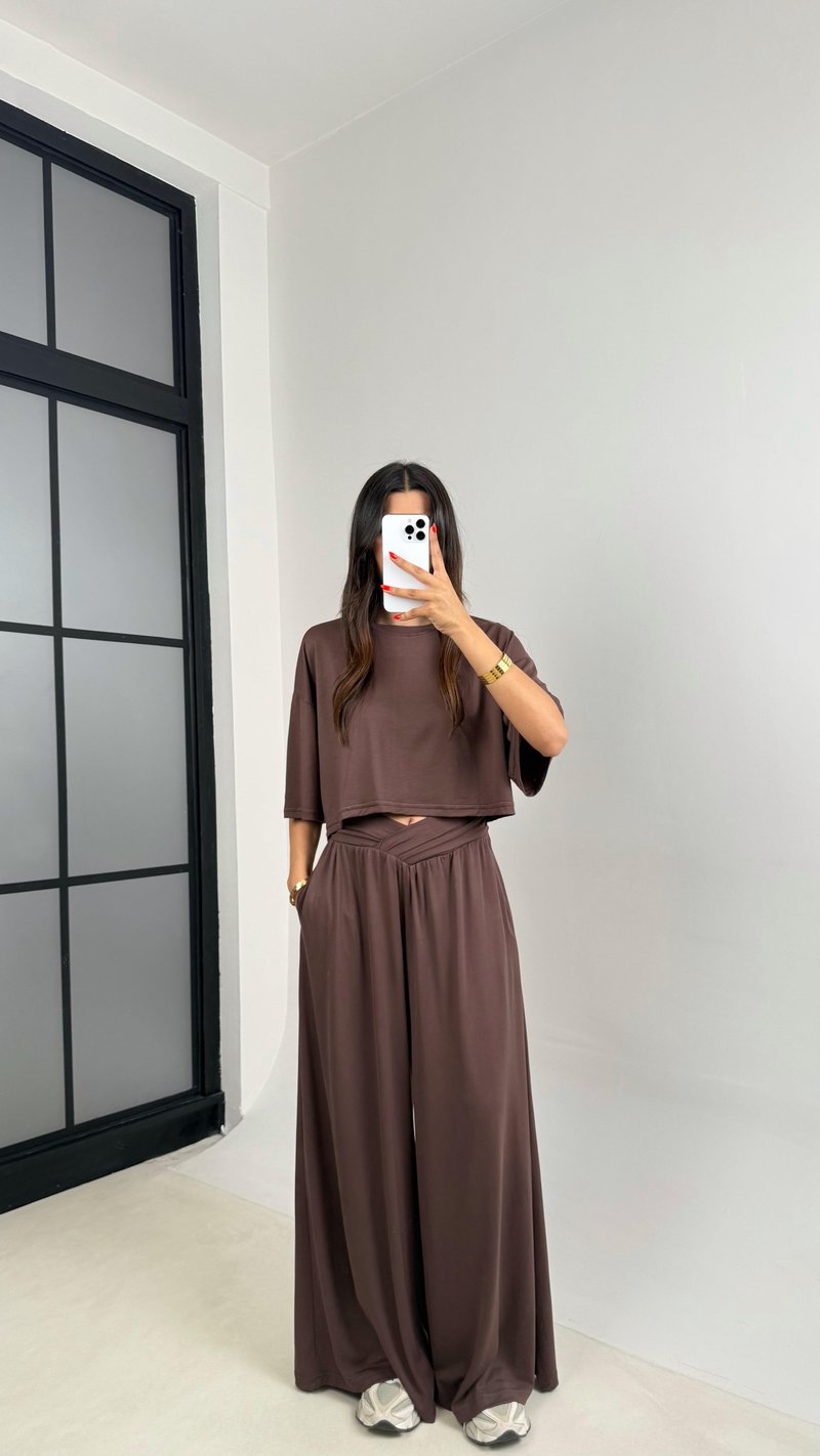 Kahve Bluz Beli Lastikli Pantolon OYS Muadil Modal Takım GAUS-0011