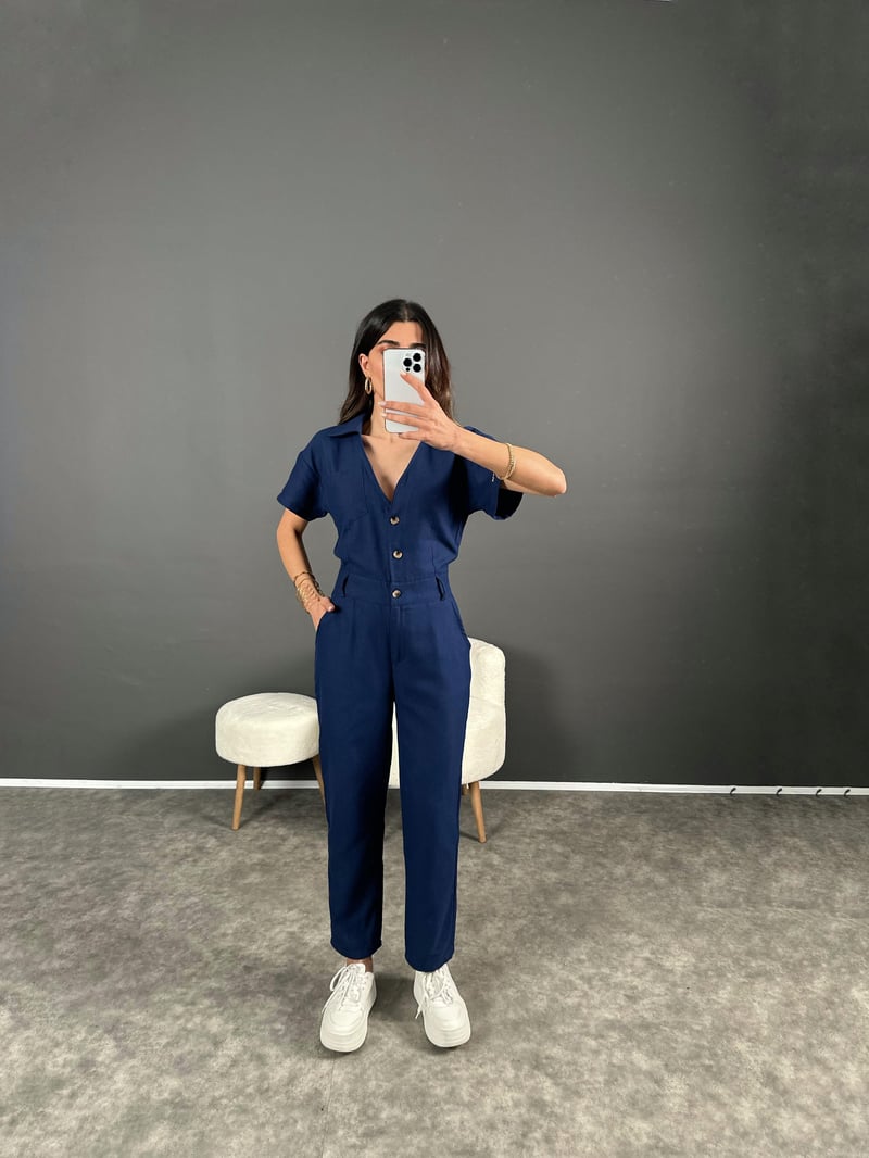 Holi Lacivert Arkası Lastikli Premium Keten Tulum